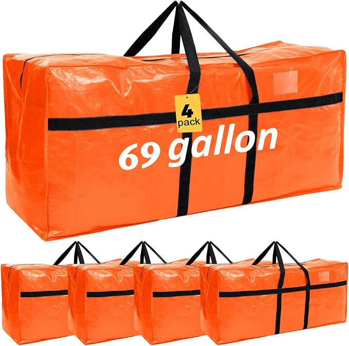 Windyun 4 Pack 69 Gallon Extra Large Moving Bags XXL Heavy Duty Storage Bag with Strong Zipper Handle Jumbo Big Tote Box Foldable for College Dorm Travel Clothes Duffle Blanket Pillow(Orange) by Windyun