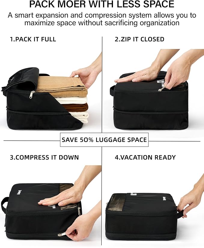 Hanke 7 Piece Expandable Compression Packing Cubes, Premium Travel Packing Organizers for Suitcases/Carry On, Luggage Organizer Bags with Breathable Mesh & Label,Black - Image 3