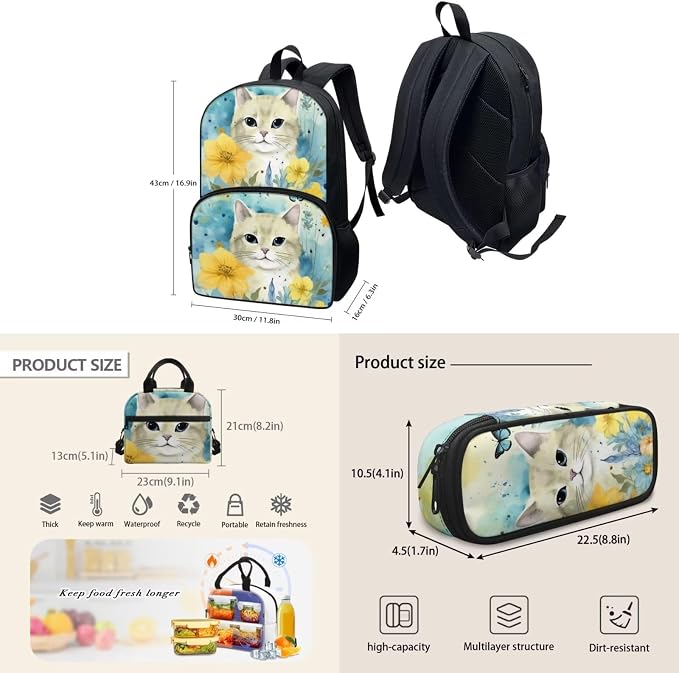 Floral Cat Print Backpack Set for Girls Kids Lightweight Cute School Backpack with Lunch Box Pencil Case Adjustable Strap Padded Book Bag Insulated Lunch Bag - Image 4