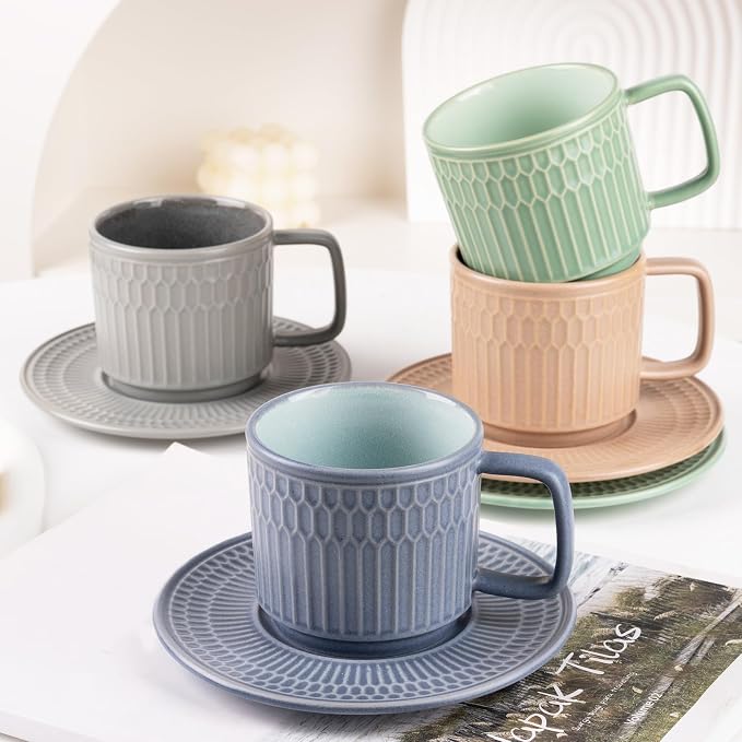 8oz Cappuccino Cups with Saucers Set of 4, 8 Ounce Stackable Embossed Ceramic Coffee Mugs for Specialty Coffee Drinks, Latte Mugs, Cafe Mocha and Tea, Dishwasher & Microwave Safe (Mix) by WHITEPENOY