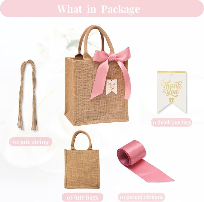 10 Pack Bridesmaid Bachelorette Gift Bags，Bulk Small Burlap Jute Tote for Wedding Welcome Bridal Shower with Pink Ribbon - Image 5