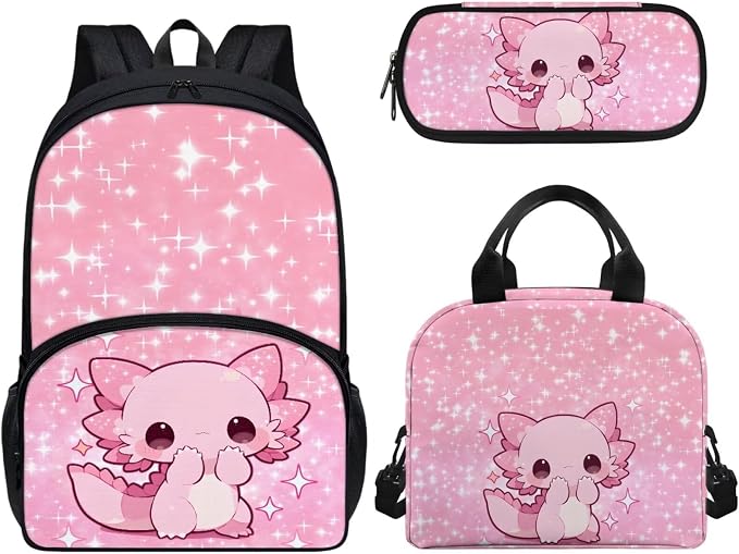 Star Axolotl School Backpack for Girls, 3Pcs Students Backpack, Elementary Bookbag Sets with Lunch Box Pencil Case for School by CndexdWearfunPrintjoy