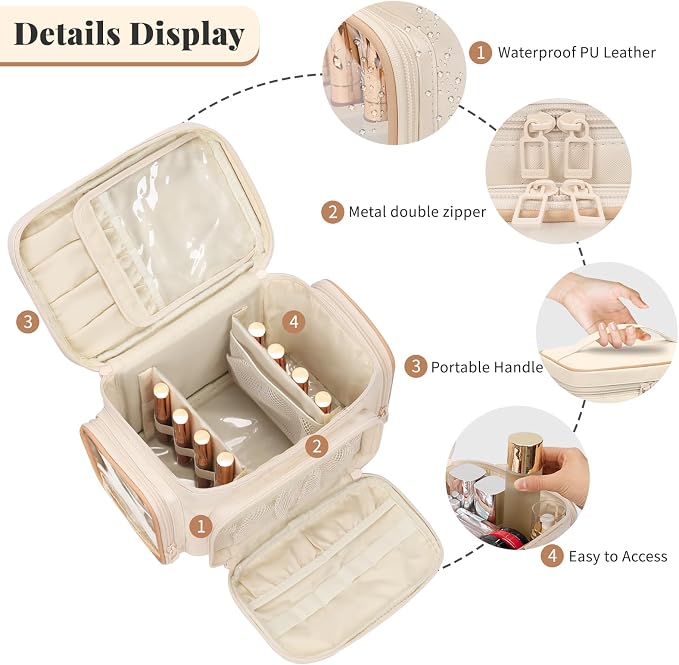 Bagmoly Large Makeup Bag, Portable Travel Makeup Bag Organizer for Women Girls with Makeup Brush Compartment & Two Side Pockets, Cosmetic Travel Bag Vertical Storage Toiletry - White - Image 2