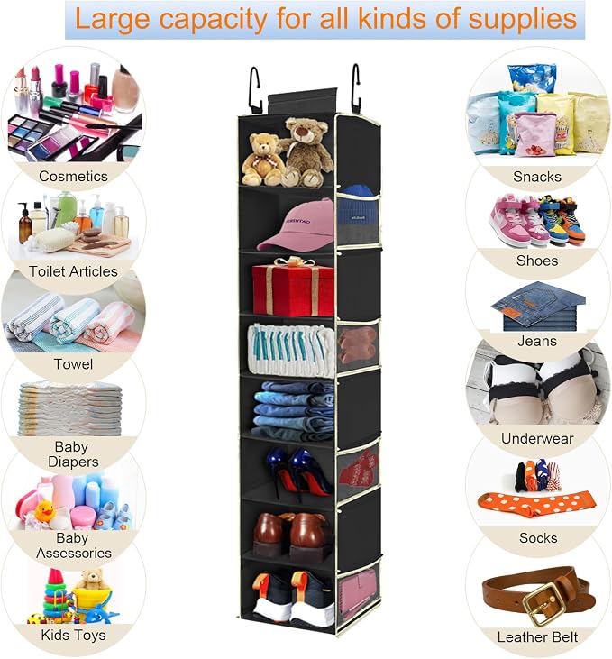 Large-Sized Hanging Shoe Organizer 8-Shelf, Hanging Closet Organizer with 8 Side Pockets, Wider Hanging Shelves for Storage Shoes Clothes 9" W × 11.8" D× 48" H, Black. - Image 6