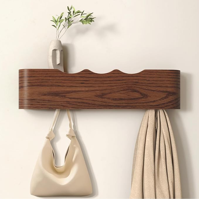 Wall Mounted Coat Rack with Shelf, Wooden Entryway Organizer with Hidden Metal Hooks for Hanging Coats Bags Keys, Modern Floating Shelf for Hallway Bathroom by VERASCOT