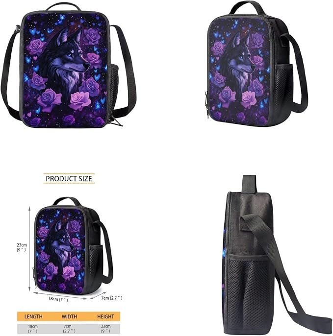 Aesthetic Wolf Backpack for Girls Kids Backpack with Lunch Box Water Bottle Holder with Strap and Big Pencil Case 4PCS Sturdy Bookbag with Front Pocket for School 17" Lightweight School Bag - Image 4