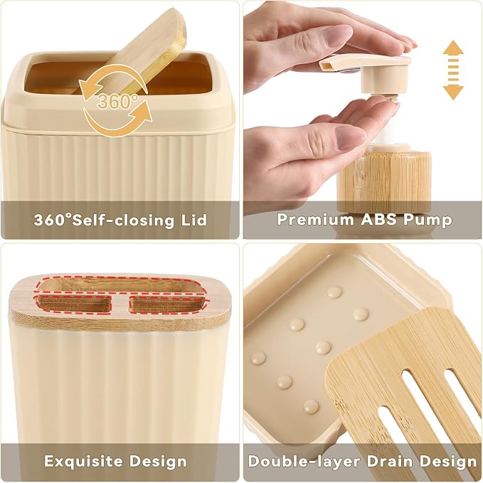 32PCS Bathroom Sets with Shower Curtain and Rugs Beige Bathroom Accessories Set Shower Curtain Set 3PCS Lotion Soap Dispenser Bathroom Accessories with Black Bathroom Decor - Image 3