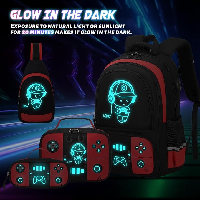 Bevalsa Backpack for School Boys, Cool Luminous Gamer Boys Schoolbag with Sling Bag,Lunch Box & Pencil Case for Kids Children Teens Elementary Middle School(Red Backpack with Shoulder Bag) - Image 3
