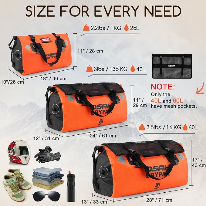 OSAH DRYPAK Waterproof Duffel Bag - Motorcycle Dry Bag Tail Bag with Large Storage Space, Waterproof Luggage Duffle Bags with Outer Mesh Zipper Pocket for Camping, Kayaking, Fishing & Traveling - Image 2