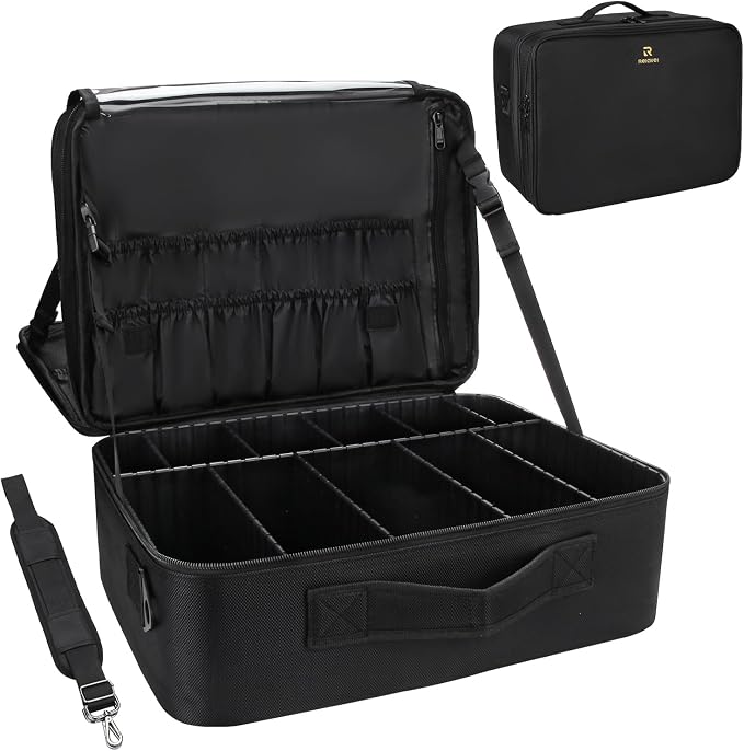 Relavel Extra Large Makeup Case with Plastic Dividers Washable and Easy to Clean, Travel Makeup Train Case Professional Makeup Artist Bag Portable Nail Organizer Box Art Supply Case (Black) by Relavel
