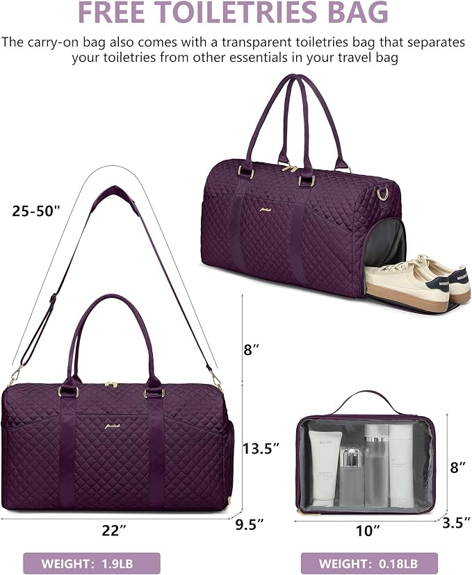 Women Weekender Travel Duffle Bag: Travel Duffel Overnight Bags with Shoe Compartment Large Carry on Tote with Toiletry Bag Weekend Traveling Yoga Gym Hospital Bag for Women with Wet Pocket Purple - Image 3