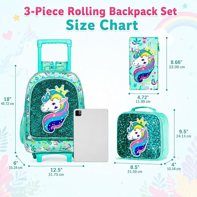 AGSDON 3PCS Rolling Backpack for Girls Boys, Kids Roller Wheels Bookbag, Wheeled School Bag with Lunch Bag - Image 5