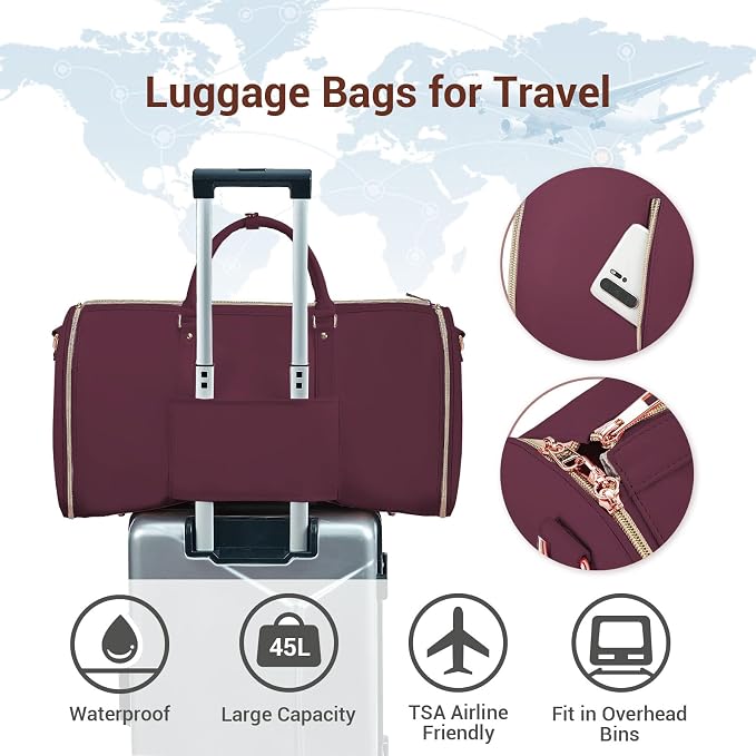 Garment Bags for Travel, Convertible Suit Travel Bag for Women, Stylish Carry On Garment Bag with Toiletry Pocket, Shoulder Strap and Shoes Compartment, 2 in 1 Foldable PU Leather Duffle Bag, Sangria - Image 6