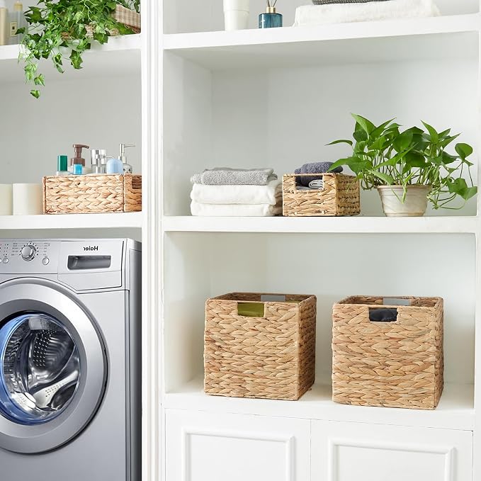Vagusicc Storage Basket, Set of 2 Hand-woven Water Hyacinth Storage Baskets, Foldable Wicker Storage Basket 9 Inch Cube Storage Bins for Shelves Organizer Square Shelf Baskets, 9''x9''x9'' - Image 5