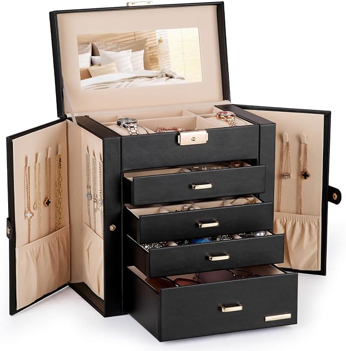 Homde Synthetic Leather Huge Jewelry Box Mirrored Watch Organizer Necklace Ring Earring Storage Lockable Gift Case (Black + Gold) by Homde
