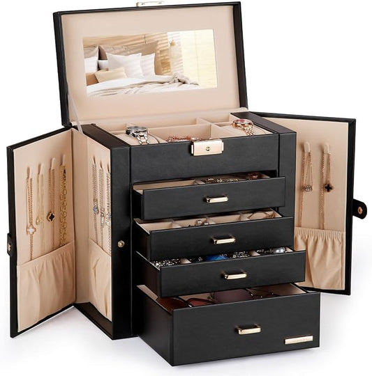 Homde Synthetic Leather Huge Jewelry Box Mirrored Watch Organizer Necklace Ring Earring Storage Lockable Gift Case (Black + Gold) by Homde