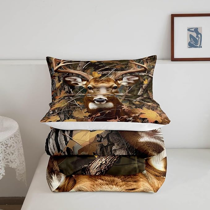 Erosebridal Kids Deer Bedding Set Full Boys Hunting Animal Antlers Comforter Set Bedroom Decor 3 Piece Girls Oil Painting Deer Down Comforter Woodland Trees Leaves Quilted Duvet Lightweight Warm - Image 5