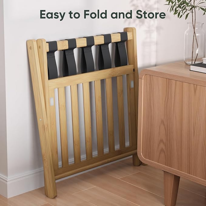 Smart FENDEE Fully Assembled Luggage Racks Pack of 2, Folding Suitcase Stand with Storage Shelf, Bamboo Luggage Stand with 5 Nylon Straps for Guest Room, Bedroom, Heavy Duty, Natural - Image 6