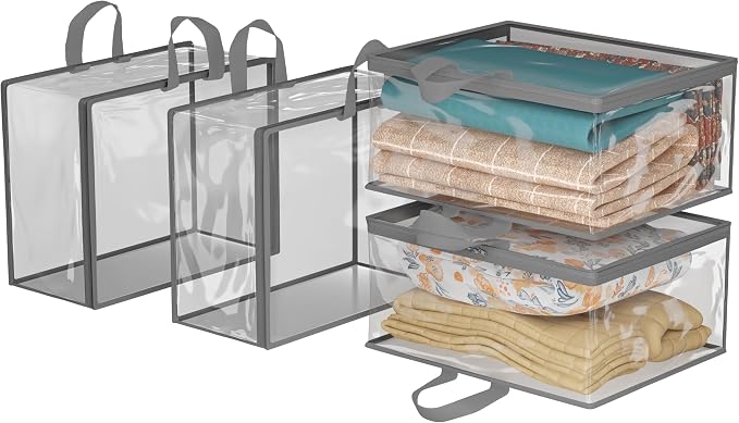 Kuber Industries (Pack of 4) Waterproof Storage Bag | Multipurpose Bag for Toys, Clothes, Blankets, Bedsheets | Zipper & Handle | Transparent Wardrobe Organizer | Grey by Kuber+Industries