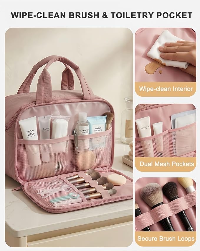 VPBAGE Large Quilted Toiletry Bag for Women, Puffy Travel Makeup Organizer with Removable Divider & Shoulder Strap, Waterproof Standing Cosmetic Case for Full-Size Toiletries, Gym, Vacation - Image 4