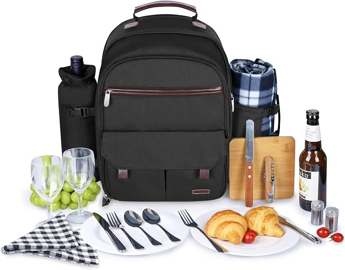 Sunflora Insulated Picnic Backpack for 2 Person Bag with Cooler Compartment, Wine Pouch, Blanket and Stainless Steel Cutlery Set for Couple, Lovers and Friends (Black) - Image 3