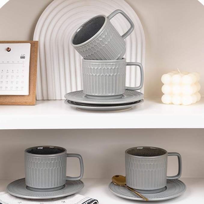 8oz Cappuccino Cups with Saucers Set of 4, 8 Ounce Stackable Embossed Ceramic Coffee Mugs for Specialty Coffee Drinks, Latte Mugs, Cafe Mocha and Tea, Dishwasher & Microwave Safe (Grey) - Image 7