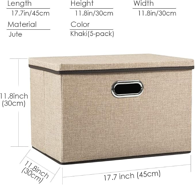 PRANDOM Large Collapsible Storage Baskets with Lids [5-Pack] Jute Fabric Foldable Storage Bins Boxes Organizer Containers Cube with Cover for Home Bedroom Closet Office Nursery (17.7x11.8x11.8) - Image 4