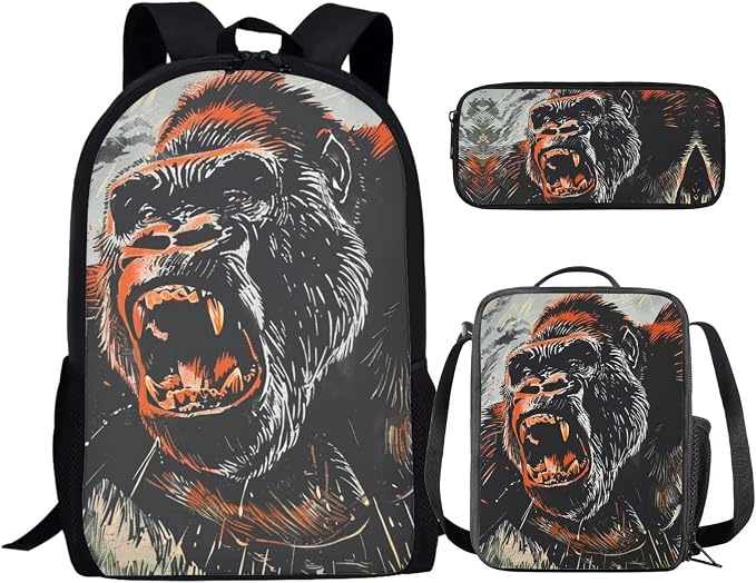 17 Inch Animal Print School Backpack And Lunch Box Set for Kids Lightweight Roaring Gorilla Backpack for Boys Girls Sturdy School Bag with Insulated Lunchbox Pencil Case Student Bookbag by Parprinty