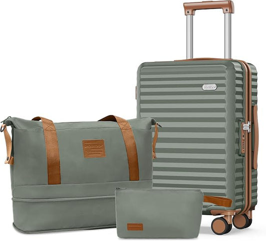 SHOWKOO Carry On Luggage Hardshell Lightweight Luggage Set, Suitcase with Double Spinner Wheels Tsa Lock White 3 piece set Green (DB/TB/20in) by SHOWKOO