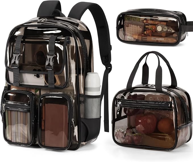 Fimibuke Clear Backpack for Girls - 3 PCS Heavy Duty Kids Boys Clear Bags Schoolbag Large Transparent PVC Bookbag with Lunch Box Pencil Case Set for Travel School Concert Stadium Events Backpacks by Fimibuke