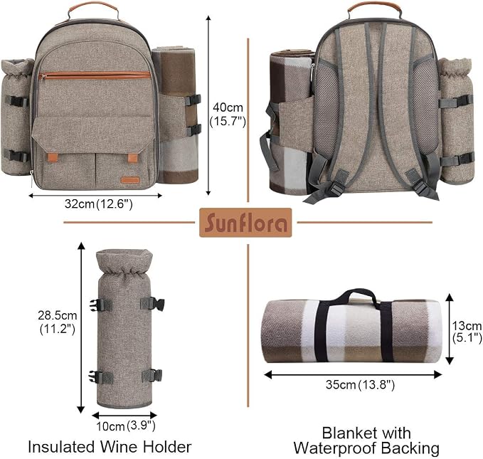 Sunflora Picnic Backpack for 4 Person Set Pack with Insulated Waterproof Pouch for Family Outdoor Camping (Brush Beige) - Image 4