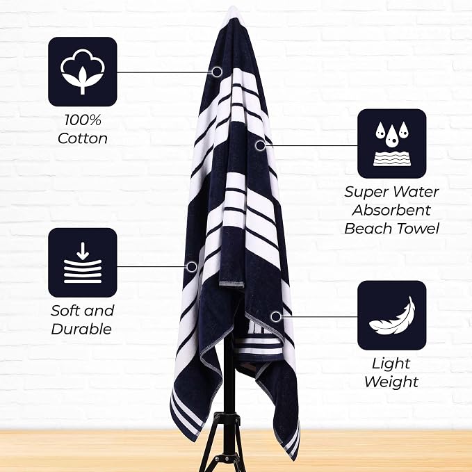 Superior Oversized Cotton Beach Towel Set of 2, Absorbent Towels for Bathroom, Pool, Swim, Adults, Kids, Vacation, Travel, Bath Sheet, Quick Dry Basics, Trip Essentials, Striped Decor, Blue - Image 3