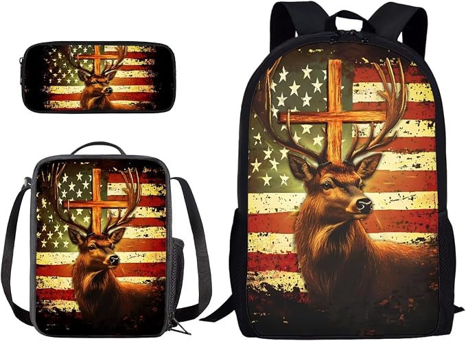 Deer American Flag Cross Backpack Set with Portable Lunch Bag and Pencil Box, Kids Lightweight School Bookbag Set for Teenager, Large Knapsack Set for Girls and Boys by PCSJRKG