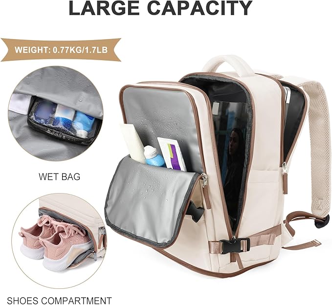 coowoz Travel Backpack For Women Men,Carry On Backpack,Hiking Backpack Outdoor Sports Rucksack Casual Daypack travel essentials(Beige Brown) - Image 5