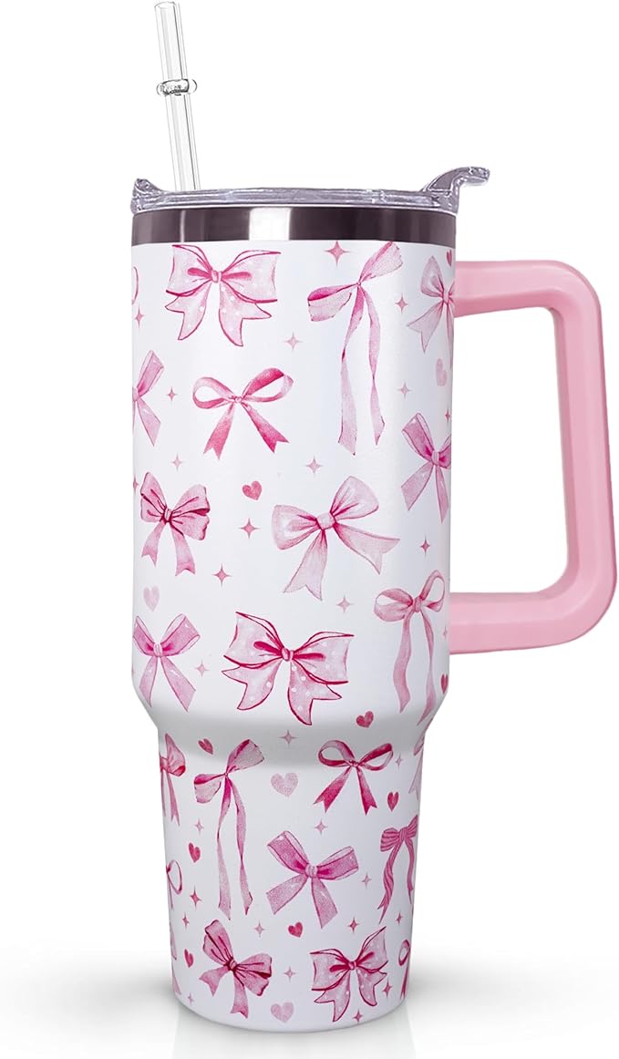 30 Oz Pink Bow Tumbler With Handle, Blue Bow Decor Coffee Travel Mug Cup Water Bottle, Gifts for Women Girls