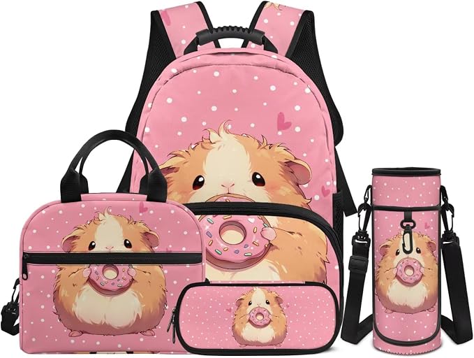 Donut Guinea Pigs Backpacks for Girls Kids Preschool Elementary Backpacks with Reusable Lunch Bag Pencil Case Pouch Water Bottle Carrier Bag 4 Pack Set Pink by Unknown
