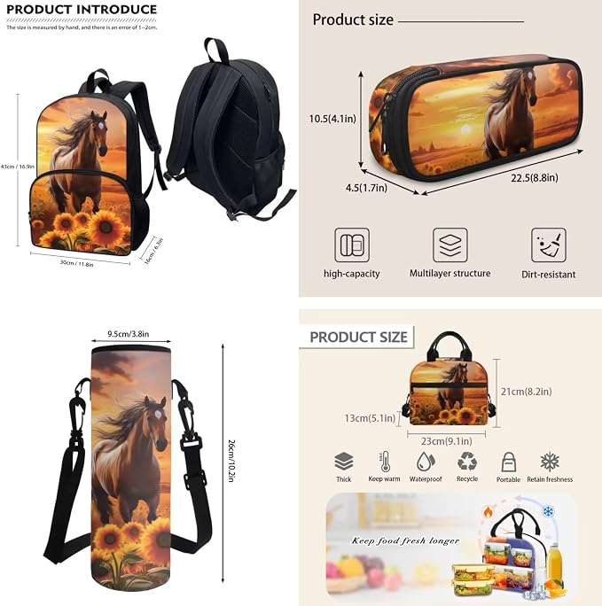 POLERO Sunflower Horse Backpack for Girls School Bookbag Set with Lunch Box Pencil Case Water Bottle Cover Bag Casual Daypack - Image 4