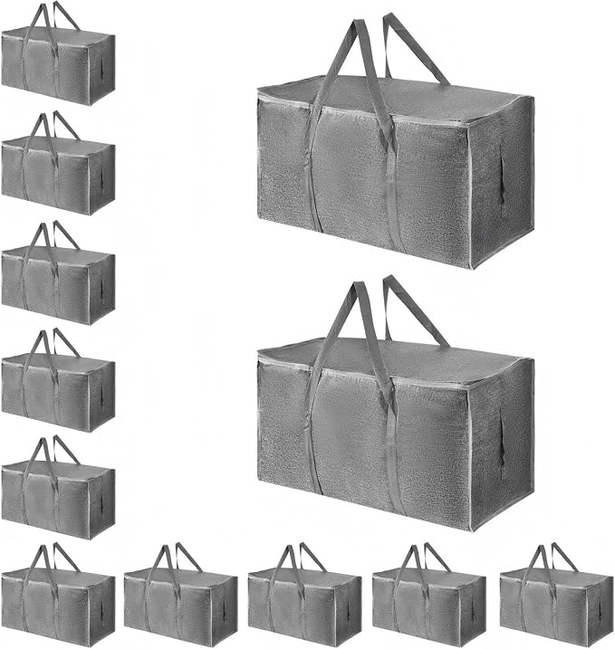 12 Pack-Extra Large Heavy Duty Moving Bags - Waterproof Storage Totes with Handles & Zippers, Foldable for College Dorm, Storage (Gray) by Unknown
