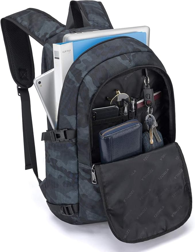 Tzowla Travel Laptop Backpack Water Resistant Anti-Theft Bag with Giant Tumbler Holder Pocket and Lock 17.3 Inch Computer Business Backpacks for Women Men Work College Gift,Casual Daypack(BlueCamo) - Image 2