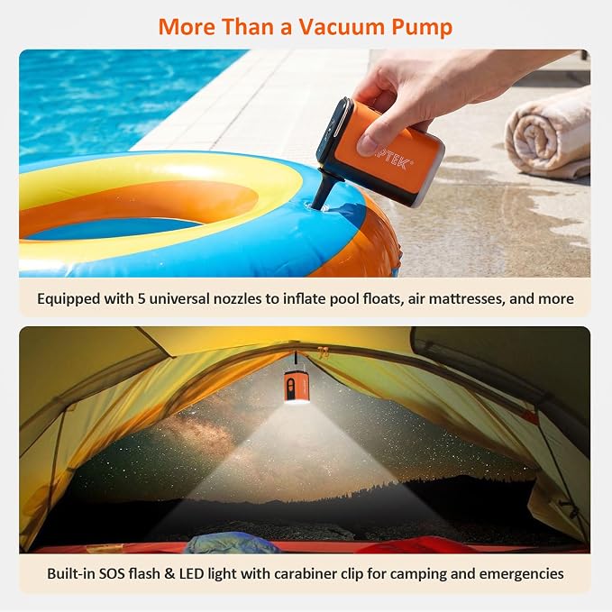 AGPTEK Travel Vacuum Bags with Mini Pump, IP67 Waterproof 2PCS Compression Bags for Carry on Luggage and Backpack, Electric Air Pump with 5 Nozzles & LED Light, Vacuum Seal Packing Cubes for Clothes - Image 5