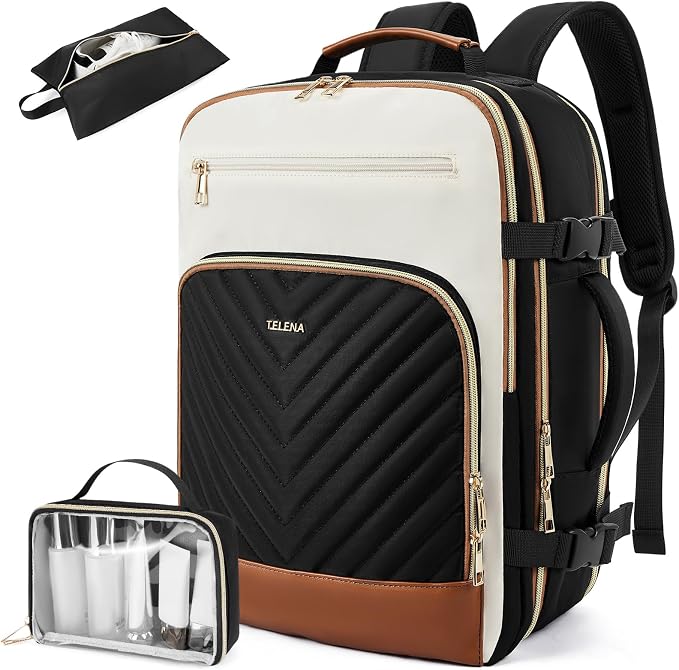 Telena Travel Backpack for Women, 17.3 inch Laptop TSA Carry On Personal Item Size Flight Approved Travel Bag Daypack with Multi-Pockets for Work, Travel, Business, Black-Beige-Brown by Telena