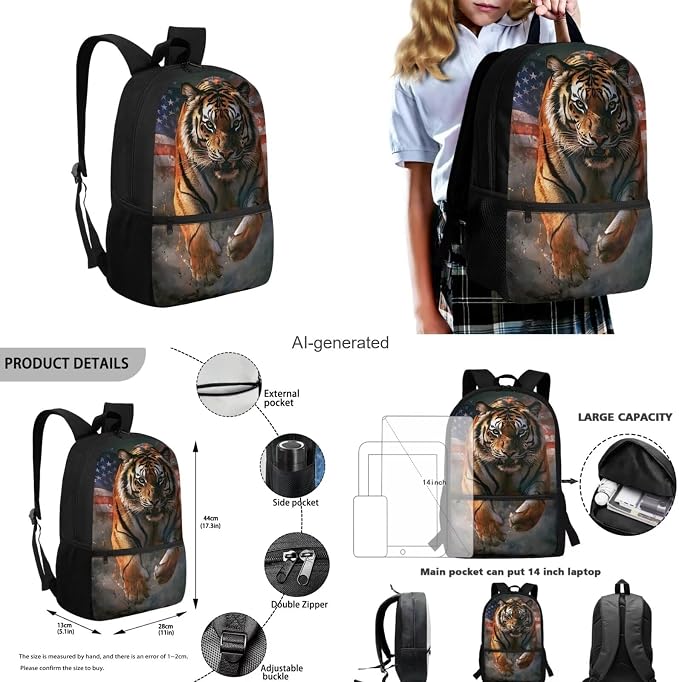 American Flag Tiger Backpack for Kids Boys Backpack with Lunch Box Water Bottle Holder and Soft Pencil Pouch 4PCS Set Lightweight Bookbag with Front Pocket 17 inch Large Capacity School Bag - Image 3
