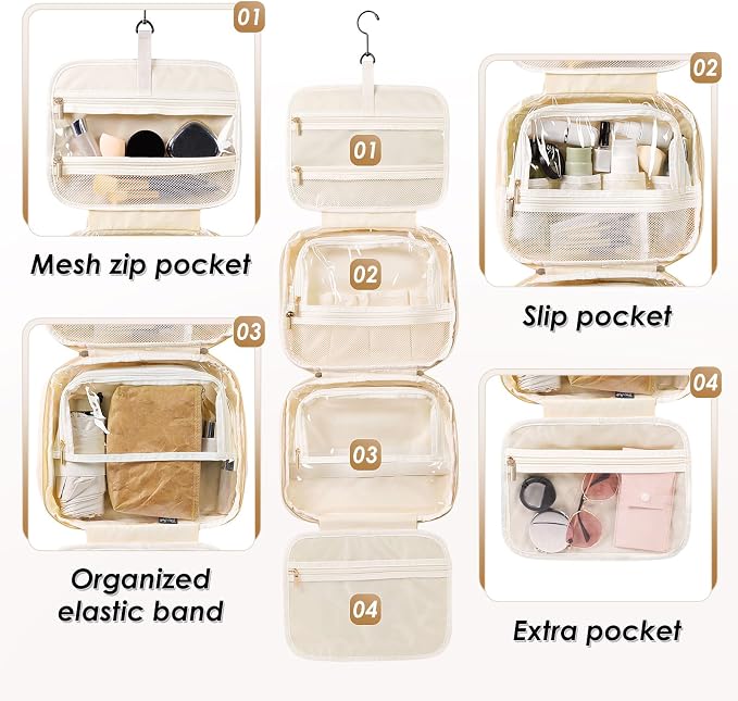 MDODO Travel Toiletry Makeup Bag for Women Hanging Toiletry Bag Cosmetic Organizer Make up Bags for Women Travel Makeup Essentials, Beige - Image 3