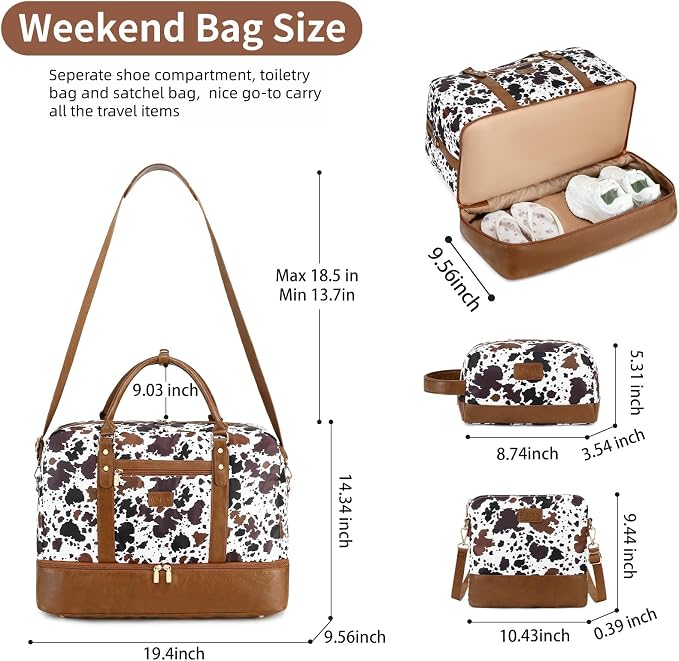 Wogarl 3PCS Weekender Bags for Women Large Overnight Bag Weekend Travel Duffel Bag Carry on Shoulder with Shoe Compartment Toiletry Bag Satchel Bag for Travel Business Gym,Brown Cow - Image 6