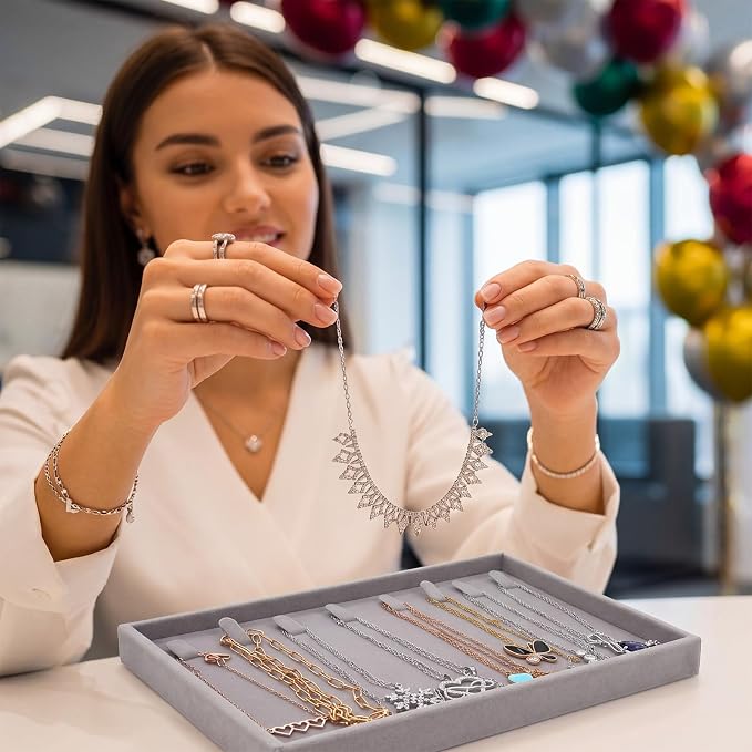 Tondiamo 16 Pcs Velvet Jewelry Drawer Organizer Trays Bulk 8.39 x 4.88 x 0.94 Inch Grey Stackable Jewelry Storage Inserts Set Tray Set with Removable Divider for Earrings Necklaces Bracelets - Image 4