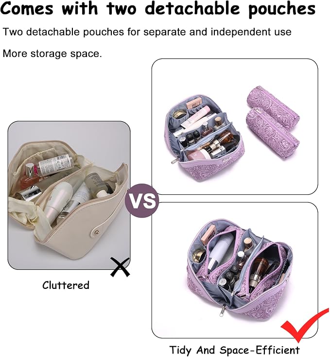 BOYATU Travel Makeup Bags Cosmetic Organizer Bag: 3 Pcs Set Large Capacity Floral Make up Bag with Compartments - Waterproof Leather Toiletry Bags with Handle for Women (21-Purple) - Image 4