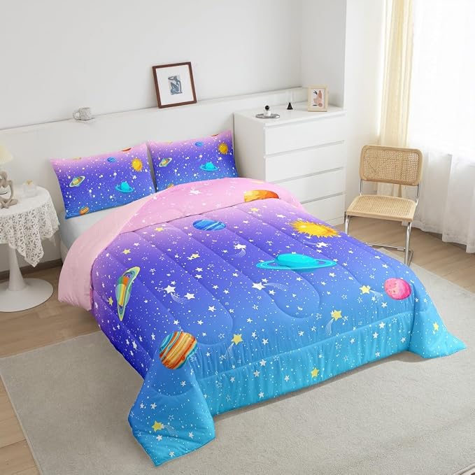 Erosebridal Cute Galaxy Comforter Set King for Boys Girls Kids Stars Planet Space Bedding Set Kawaii Rainbow Pastel Bedding Comforter Sets Pink Blue Purple Ombre Cartoon Quilt Duvet 2 Pillow Cases - Image 3