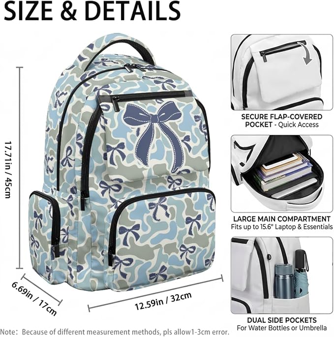 Camo Bow 17 Inch School Backpack Set for Kids, 4 Piece Lightweight Backpack with Lunch Bag, Pencil Case and Water Bottle Holder, 600D School Bag for Students - Image 4