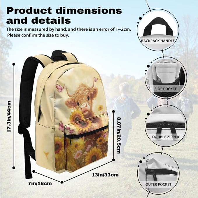 Highland Cow School Bags for Girls 7-10 10-12 Beige Kids Backpack with Lunch Box Set of 4, Cute Elementary School Backpack for Girls Travel Hiking Gym Small Daypack Purse Adjustable Straps - Image 3