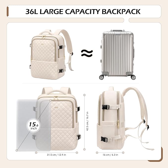 MDODO Travel Backpack for Women Men - Large Carry on Backpack fits 15.6" Laptop Lightweight Travel Bag Daypack Waterproof Causal Bookbag Backpack for College,Work,36L, Beige - Image 2